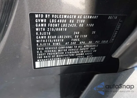 2016 Volkswagen Tiguan S from USA, damaged, VIN WVGAV7AX4GW612442